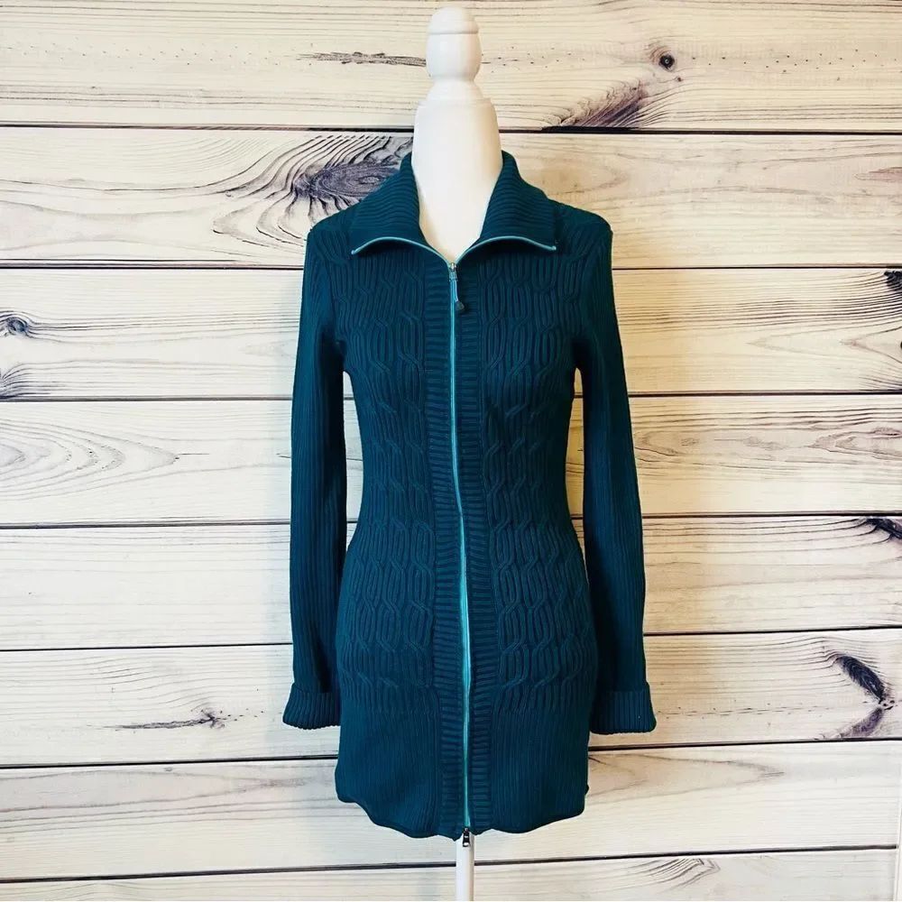 Eddie Bauer Teal Ribbed Cable Knit Full Zip Long Sweater Jacket